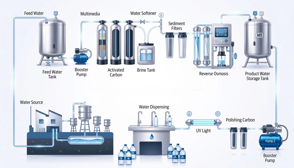 Diagram of Sterling Water Supply's full purification system: from water source and feed tank through multimedia filtration, water softener, sediment filters, reverse osmosis, UV light and polishing carbon to dispensing
