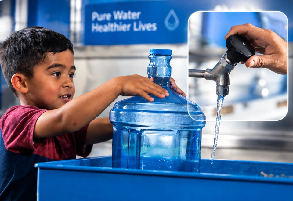 Child holding a reusable water jug beside a running water refill tap