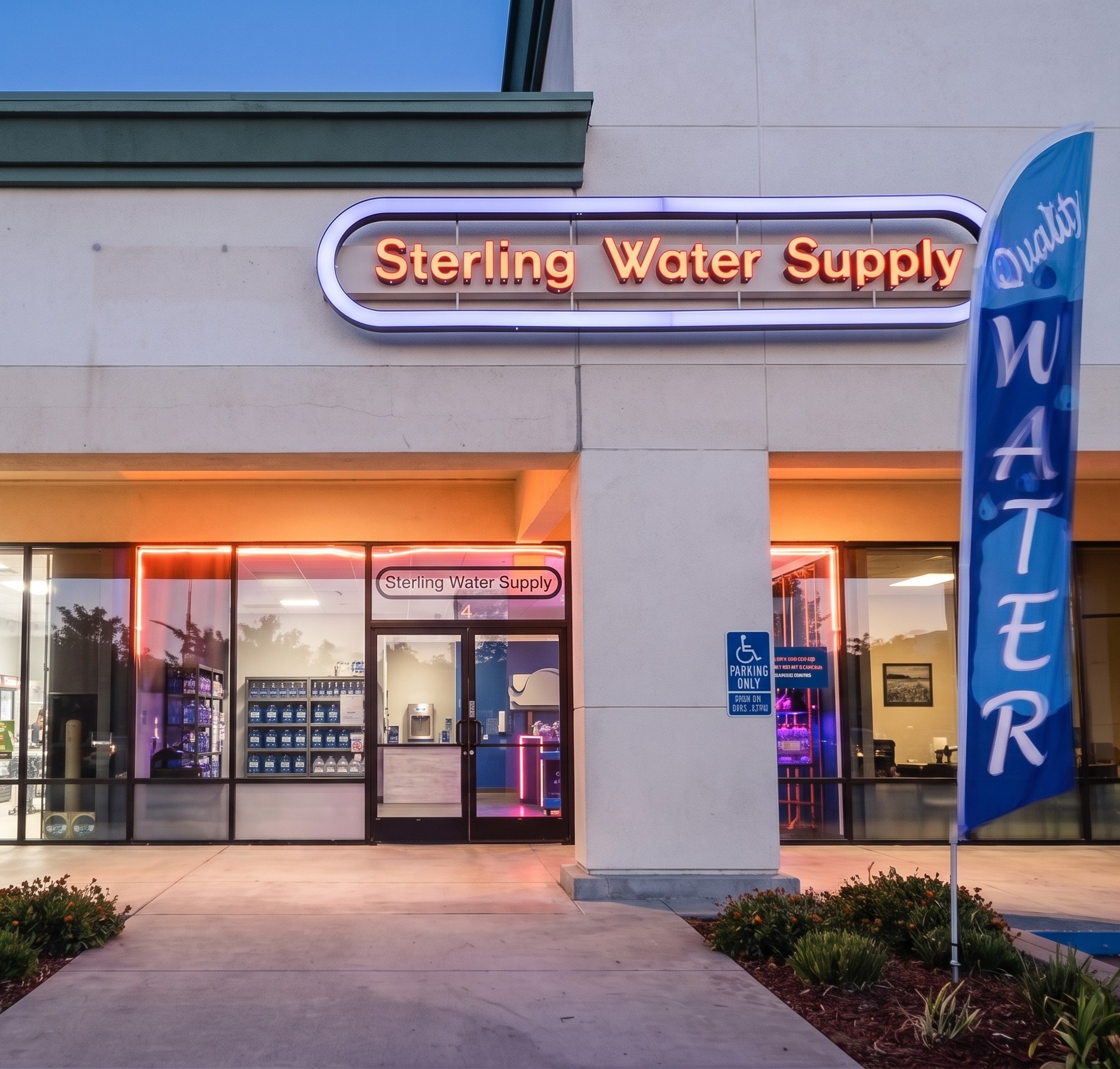 Exterior of the Sterling Water Supply refill store in Sacramento, California, with illuminated signage and a Quality Water feather flag