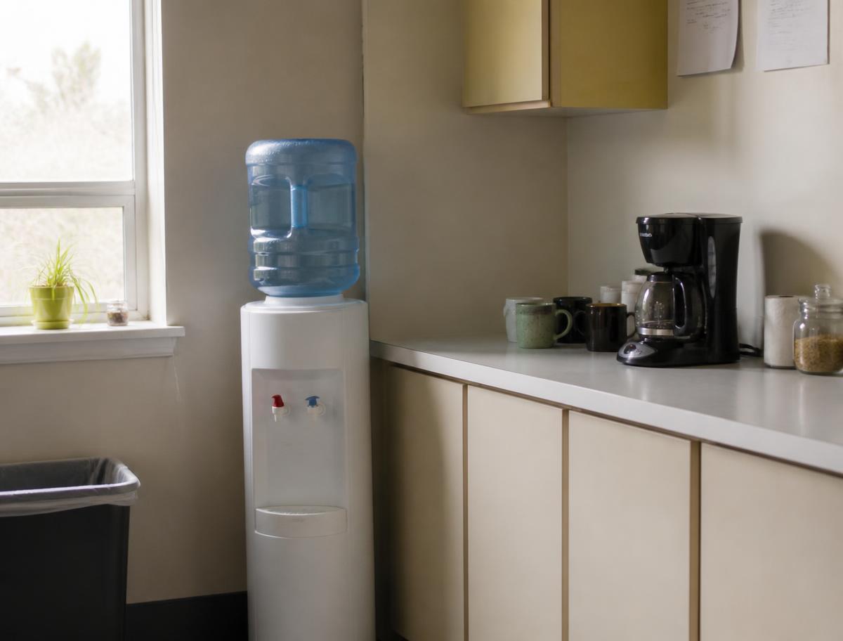 Office breakroom with a standard water cooler and a five-gallon bottle