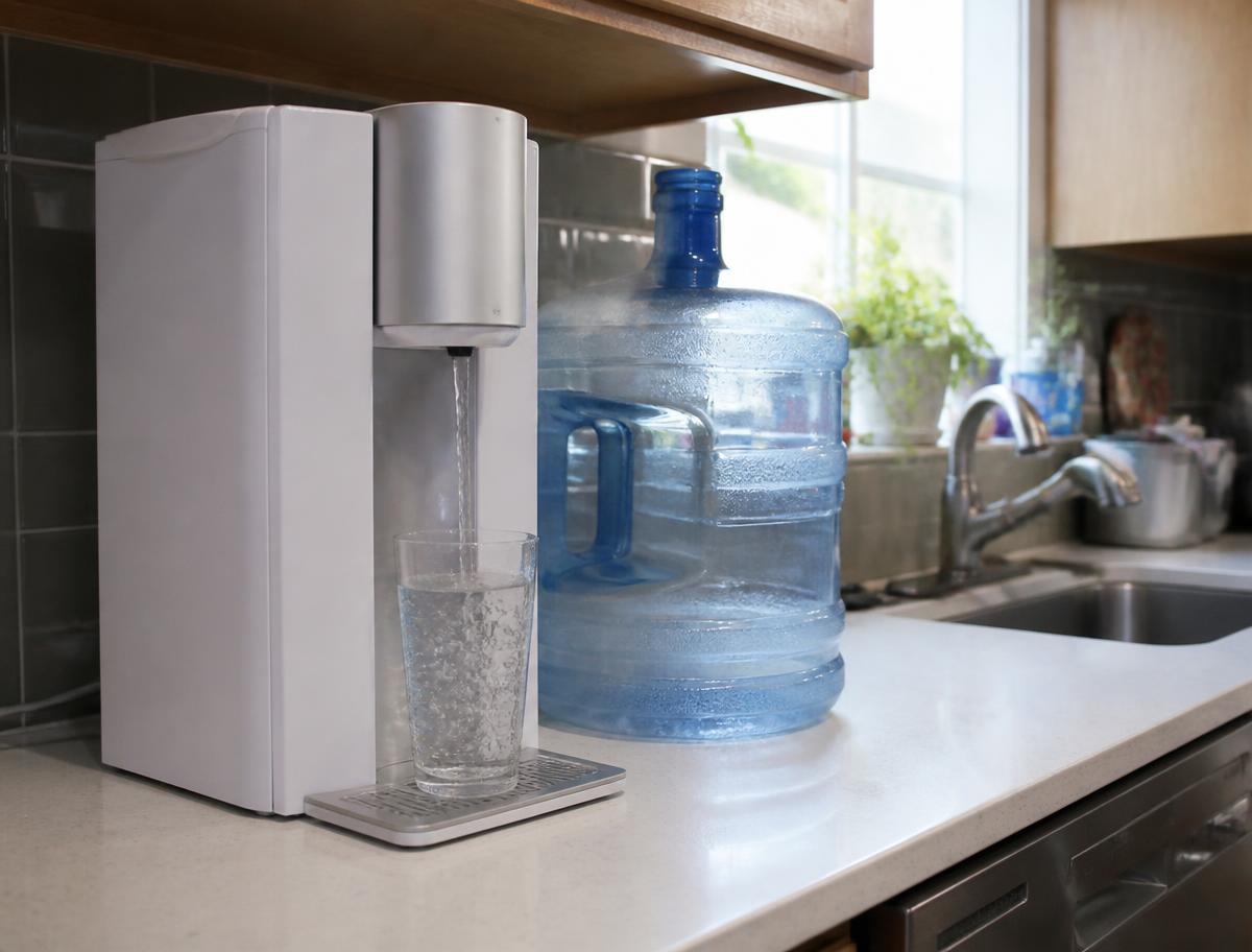 Countertop water dispenser and reusable five-gallon jug in a home kitchen